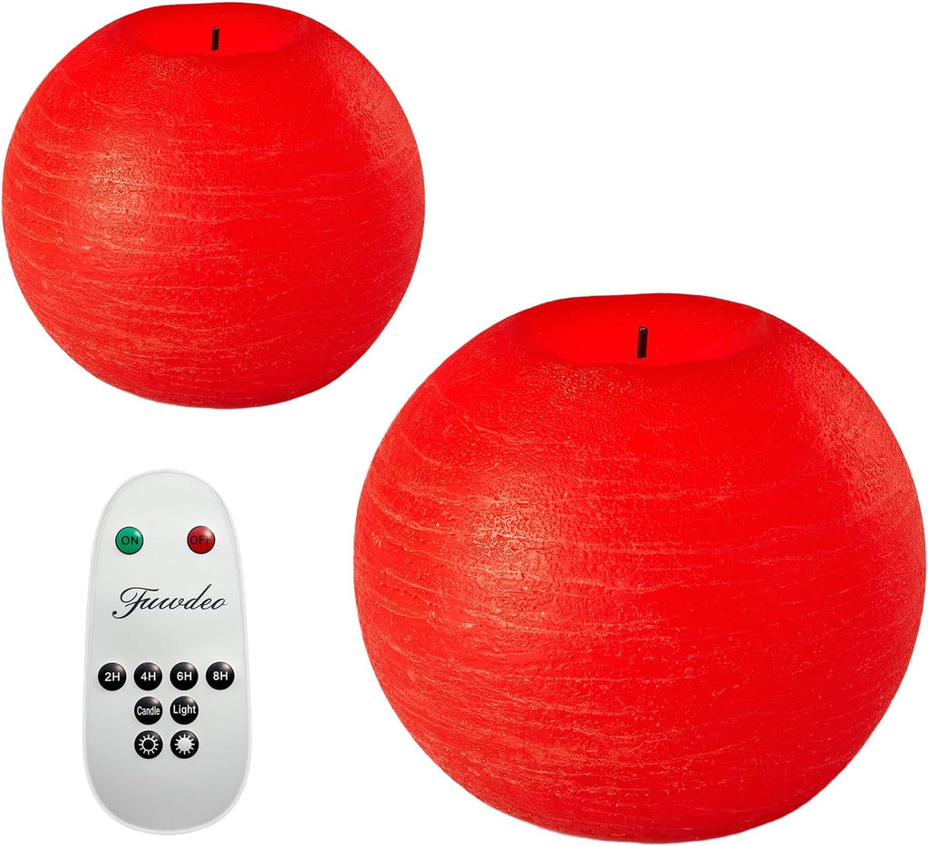 Red 4" Flameless Ball Candles with Remote and Timer - Pack of 2 Real Wax LED Battery Operated Flickering Spherical Red Candles for Christmas Gift, Wedding, Holiday & Home Decor