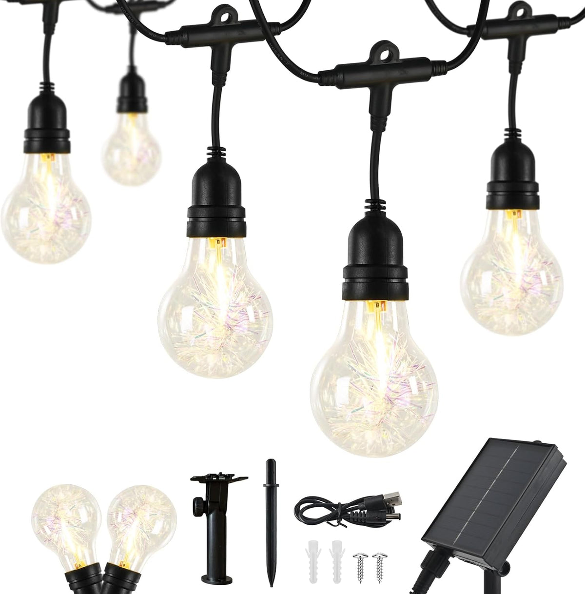 15FT Solar Outdoor Fancy String Lights - Waterproof Shatterproof Ornate LED Patio Lights with USB Port, 8 Modes Hanging Vintage Bistro Lights for Camping, Backyard & Balcony (Warm White)