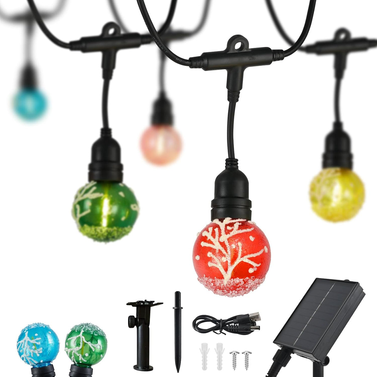 15FT Solar Outdoor Christmas Tree String Lights - Waterproof Shatterproof LED Patio Lights with USB Port, 8 Modes Hanging Fairy Lights for Holiday, Camping & Garden (Warm White)
