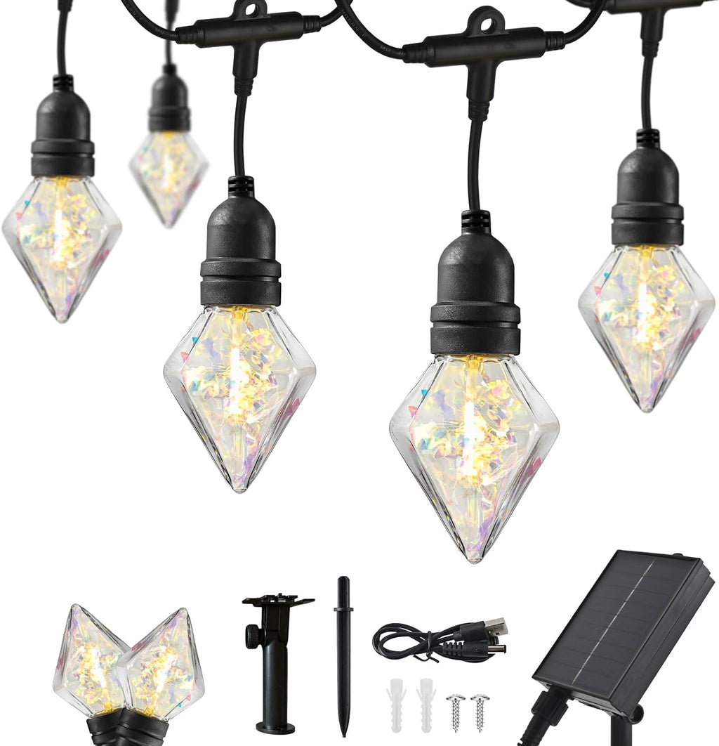 15FT Solar Outdoor Diamond String Lights - Waterproof Shatterproof LED Geometric Patio Lights with USB Port, 8 Modes Hanging Bistro Lights for Camping, Backyard & Balcony (Warm White)