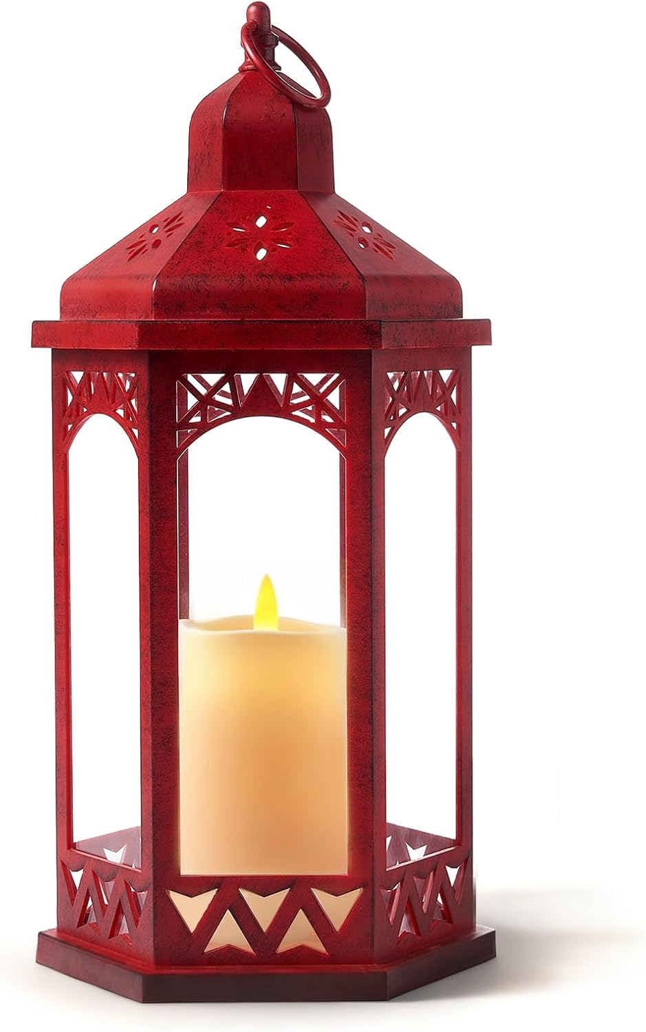 Red 15" Vintage Decorative Hexagon Lantern with Flameless LED Candle - Heavy Duty Hanging Candle Holder with Real Glass, Battery Operated Tabletop Light for Patio, Garden, Wedding & Home Decor