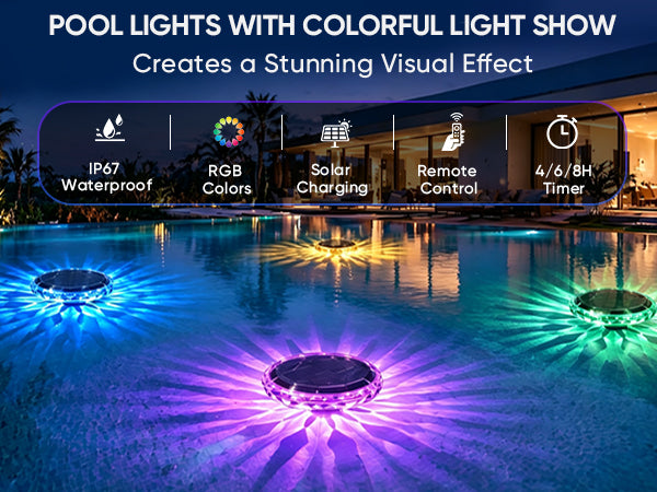 Solar Powered Floating Pool Lights (2 Pack) - IPX7 Waterproof LED Lights That Float with Remote Control, 9 Lighting Modes & Timer for Inground Pool, Bathtub & Parties