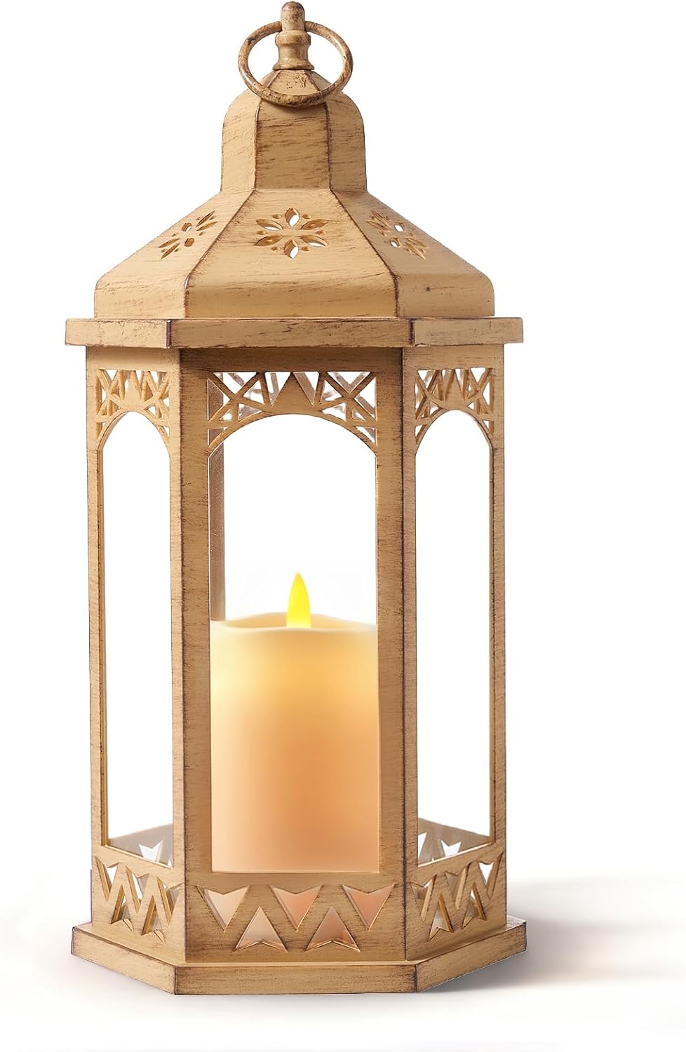 Beige 15" H Vintage Lantern Outdoor Lighting with Glass, Vintage Hanging Candle Holders for Garden, Wedding, and Home Decorations. Battery Powered