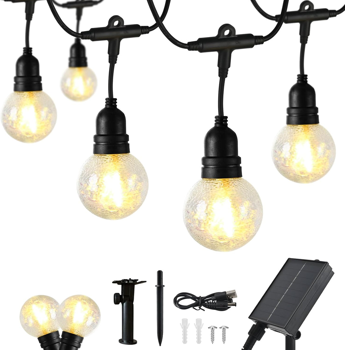 Solar Outdoor String Lights, 15FT 10 LED Waterproof Shatterproof Globe Patio Lights, Dual Solar & USB Charging Fairy Lights with 8 Modes, Auto On/Off for Camping, Backyard, Party, Garden