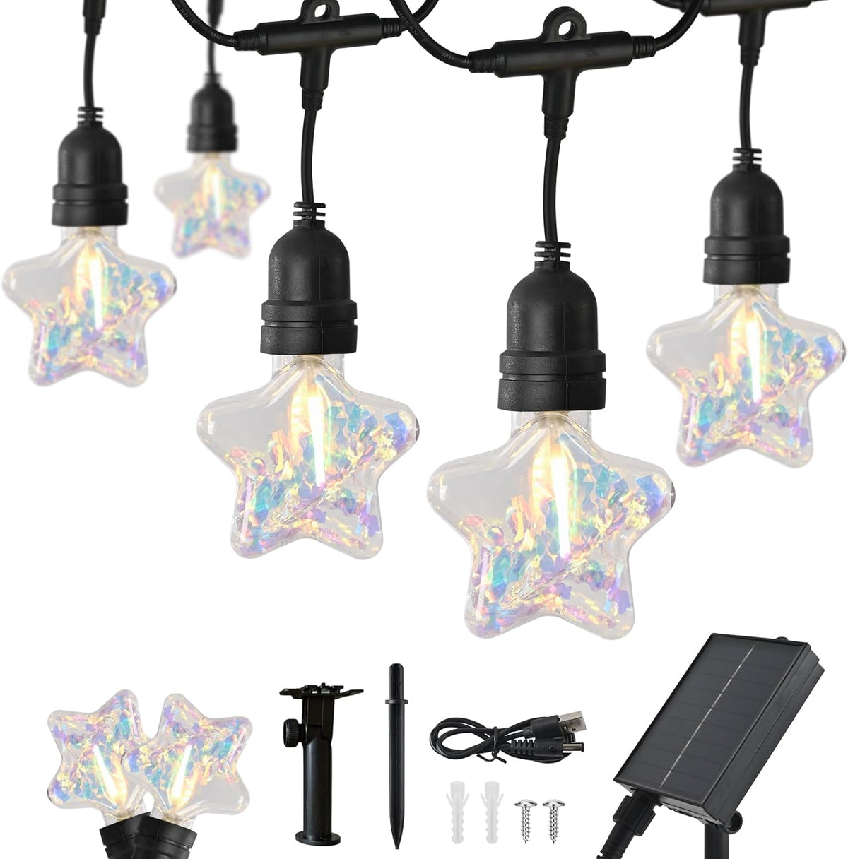 15FT Solar Outdoor Star String Lights - Waterproof Shatterproof LED Patio Lights with USB Charging Port, 8 Modes Hanging Fairy Lights for Camping, Kids Bedroom, Canopy & Garden (Warm White)