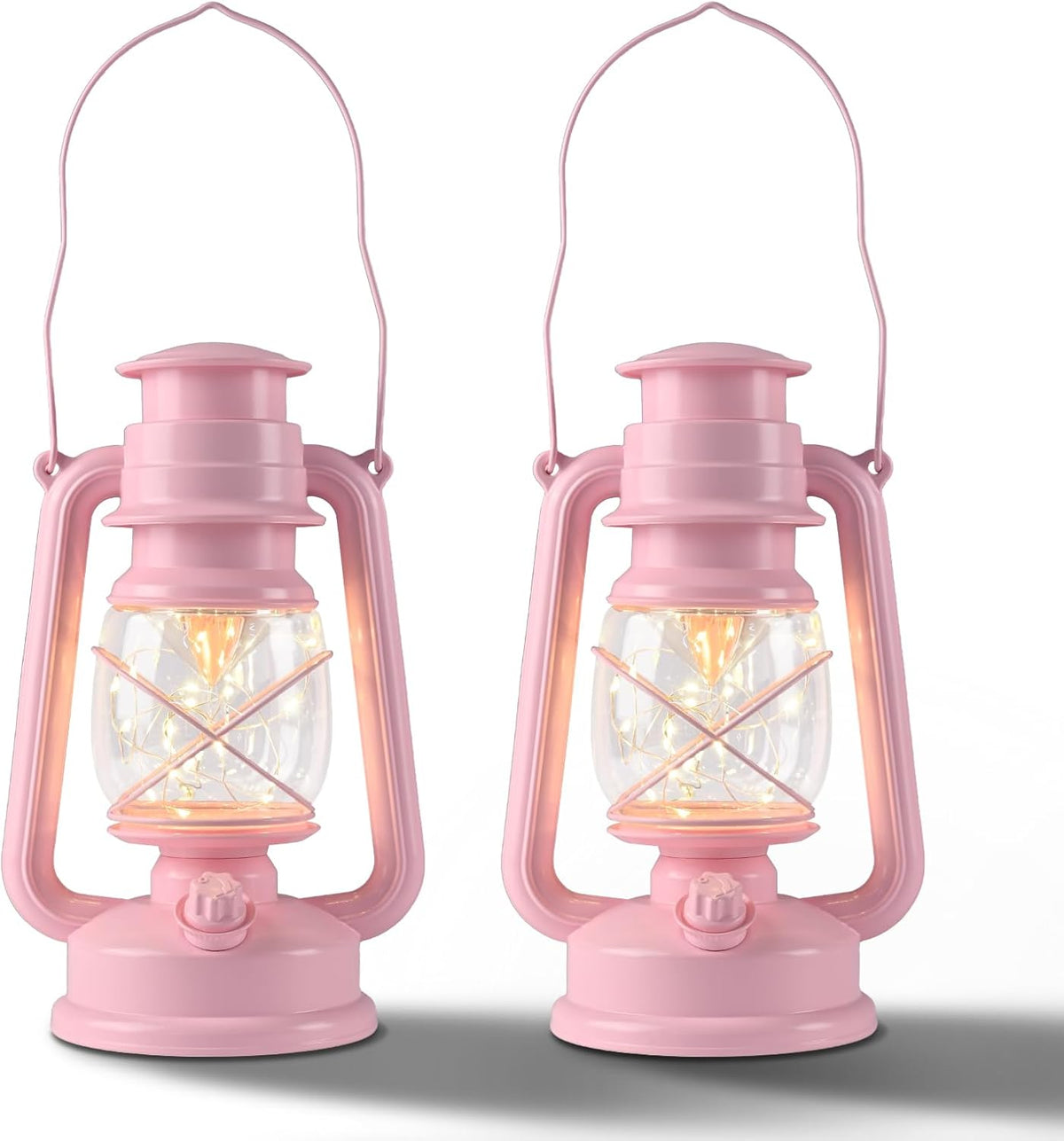 Pink 9.5" Vintage Decorative Lanterns with Fairy Lights - Pack of 2 Battery Operated Hanging LED Lanterns with Timer, Waterproof Tabletop Light for Camping, Garden, Bedroom & Patio