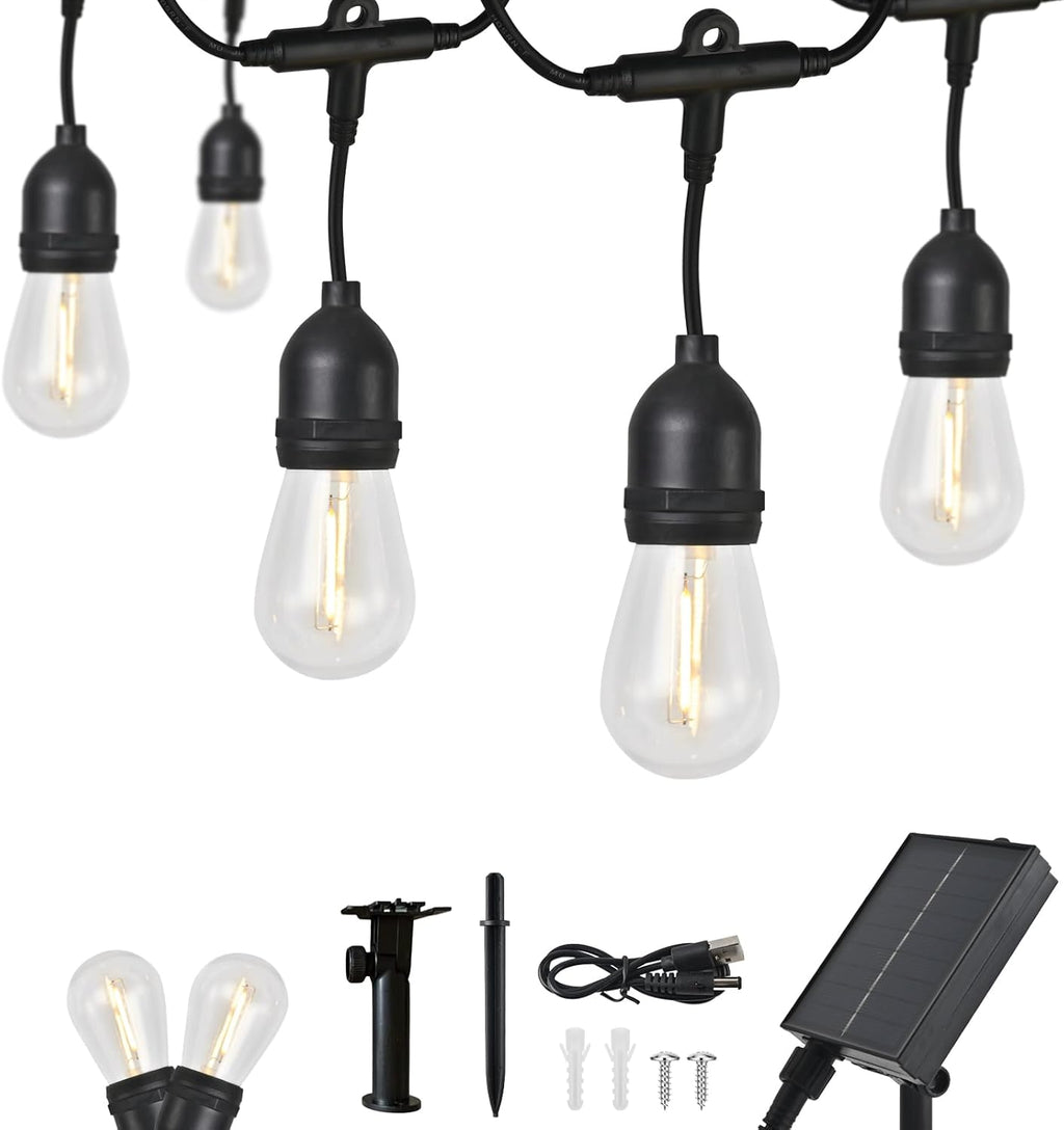 15FT Solar Outdoor String Lights - Waterproof Shatterproof LED Patio Lights with USB Charging Port, 8 Modes Hanging Bistro Lights for Camping, Backyard, Balcony & Garden (Warm White)