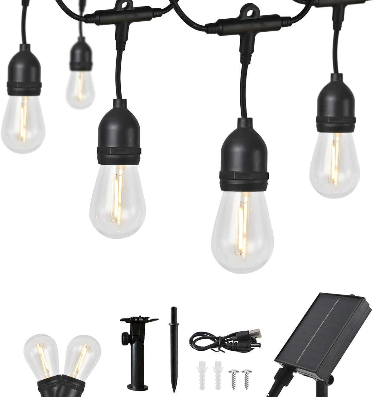 15FT Solar Outdoor String Lights - Waterproof Shatterproof LED Patio Lights with USB Charging Port, 8 Modes Hanging Bistro Lights for Camping, Backyard, Balcony & Garden (Warm White)