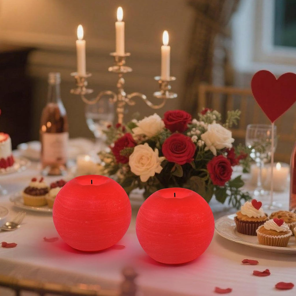 Red 4" Flameless Ball Candles with Remote and Timer - Pack of 2 Real Wax LED Battery Operated Flickering Spherical Red Candles for Christmas Gift, Wedding, Holiday & Home Decor