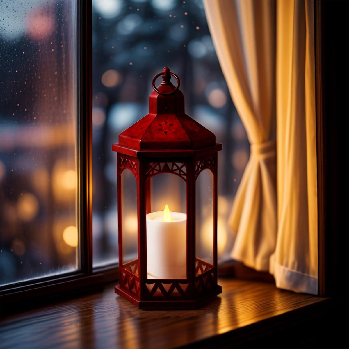 Red 15" Vintage Decorative Hexagon Lantern with Flameless LED Candle - Heavy Duty Hanging Candle Holder with Real Glass, Battery Operated Tabletop Light for Patio, Garden, Wedding & Home Decor