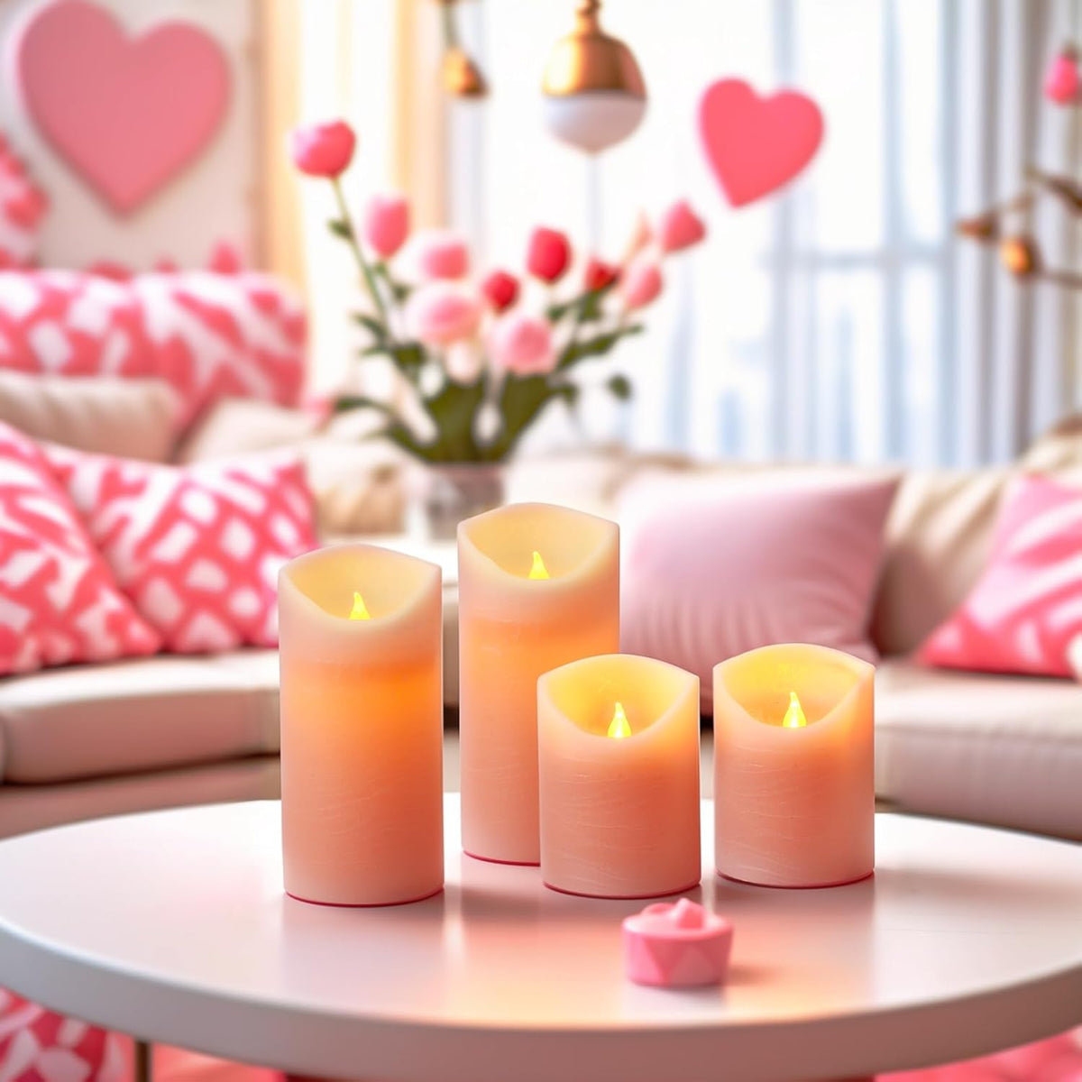 Pink Flameless Candles with Remote and Timer - Pack of 4 Real Wax LED Battery Operated Flickering Pink Candle Pillars for Valentine's Day, Wedding, Holiday & Home Decor