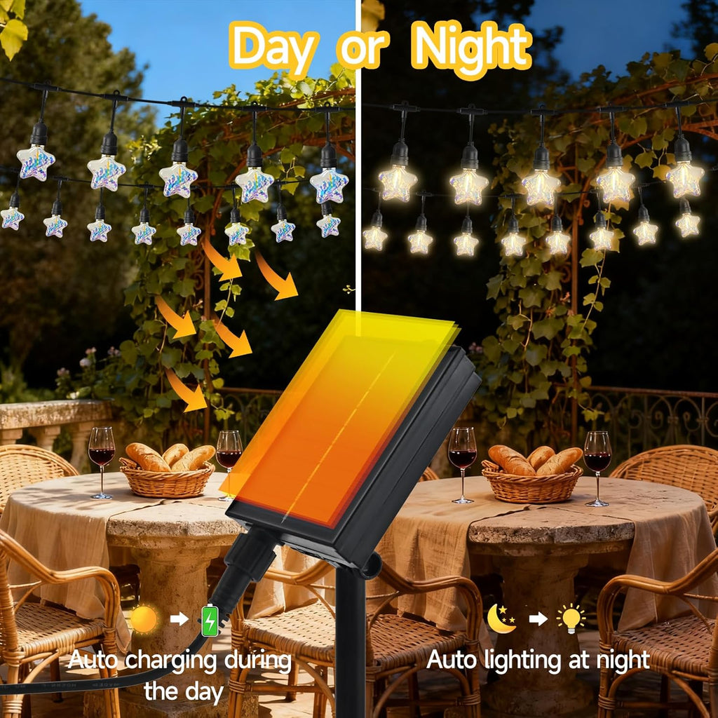 15FT Solar Outdoor Star String Lights - Waterproof Shatterproof LED Patio Lights with USB Charging Port, 8 Modes Hanging Fairy Lights for Camping, Kids Bedroom, Canopy & Garden (Warm White)