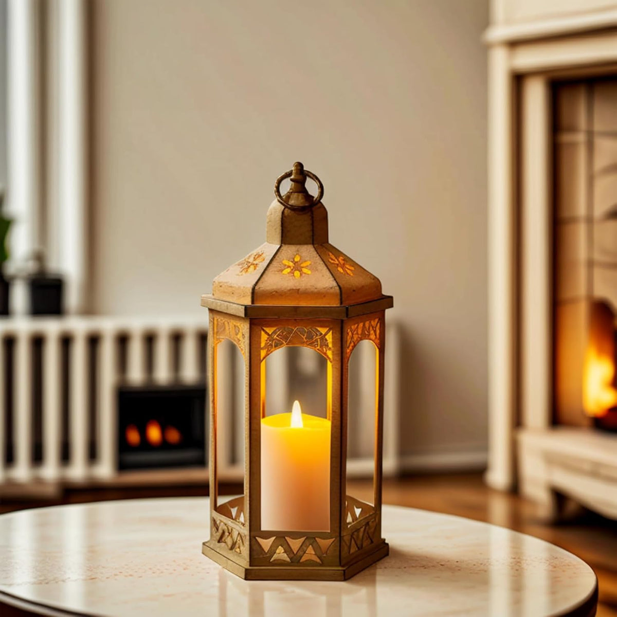 Beige 15" H Vintage Lantern Outdoor Lighting with Glass, Vintage Hanging Candle Holders for Garden, Wedding, and Home Decorations. Battery Powered