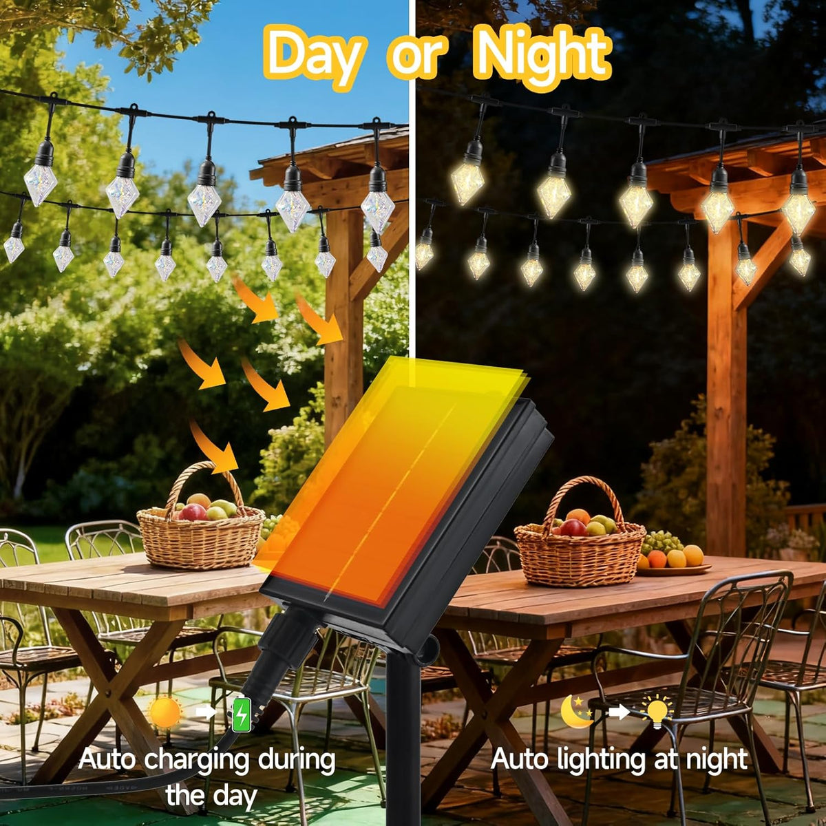 15FT Solar Outdoor Diamond String Lights - Waterproof Shatterproof LED Geometric Patio Lights with USB Port, 8 Modes Hanging Bistro Lights for Camping, Backyard & Balcony (Warm White)