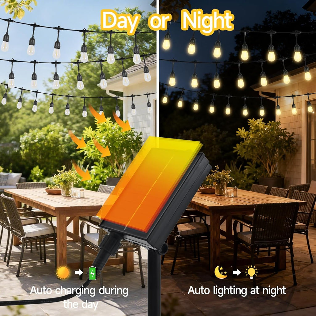 15FT Solar Outdoor String Lights - Waterproof Shatterproof LED Patio Lights with USB Charging Port, 8 Modes Hanging Bistro Lights for Camping, Backyard, Balcony & Garden (Warm White)