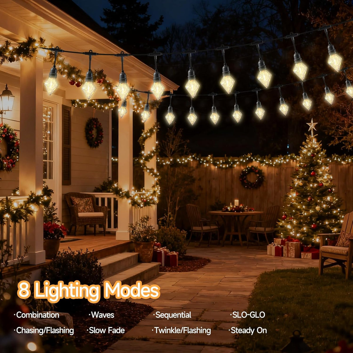 15FT Solar Outdoor Diamond String Lights - Waterproof Shatterproof LED Geometric Patio Lights with USB Port, 8 Modes Hanging Bistro Lights for Camping, Backyard & Balcony (Warm White)