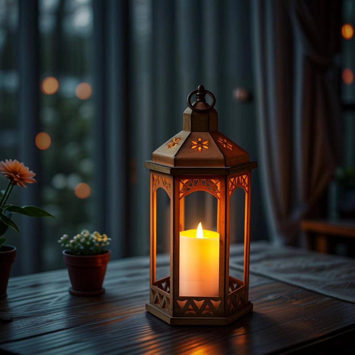 Beige 15" H Vintage Lantern Outdoor Lighting with Glass, Vintage Hanging Candle Holders for Garden, Wedding, and Home Decorations. Battery Powered
