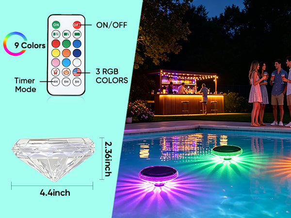 Solar Powered Floating Pool Lights (2 Pack) - IPX7 Waterproof LED Lights That Float with Remote Control, 9 Lighting Modes & Timer for Inground Pool, Bathtub & Parties