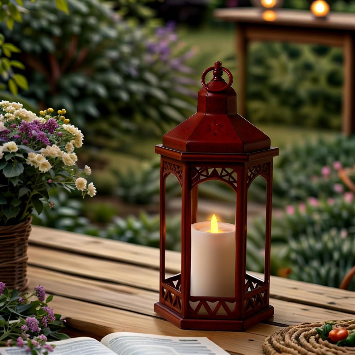 Red 15" Vintage Decorative Hexagon Lantern with Flameless LED Candle - Heavy Duty Hanging Candle Holder with Real Glass, Battery Operated Tabletop Light for Patio, Garden, Wedding & Home Decor