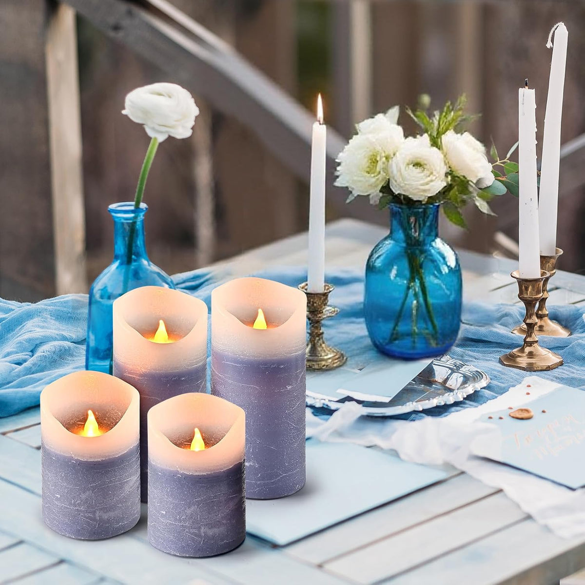 Blue Flameless Candles with Remote and Timer, 4 Pack Real Wax LED Pillar Candles Battery Operated with Flickering Flame,Flickering LED Candles for Christmas Gift Party Home Decor