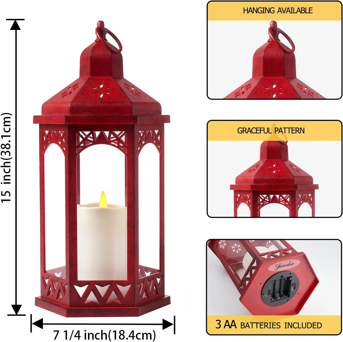 Red 15" Vintage Decorative Hexagon Lantern with Flameless LED Candle - Heavy Duty Hanging Candle Holder with Real Glass, Battery Operated Tabletop Light for Patio, Garden, Wedding & Home Decor