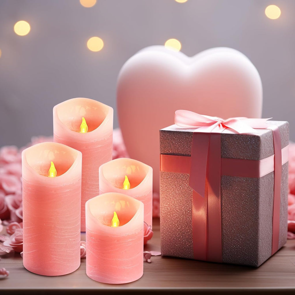 Pink Flameless Candles with Remote and Timer - Pack of 4 Real Wax LED Battery Operated Flickering Pink Candle Pillars for Valentine's Day, Wedding, Holiday & Home Decor