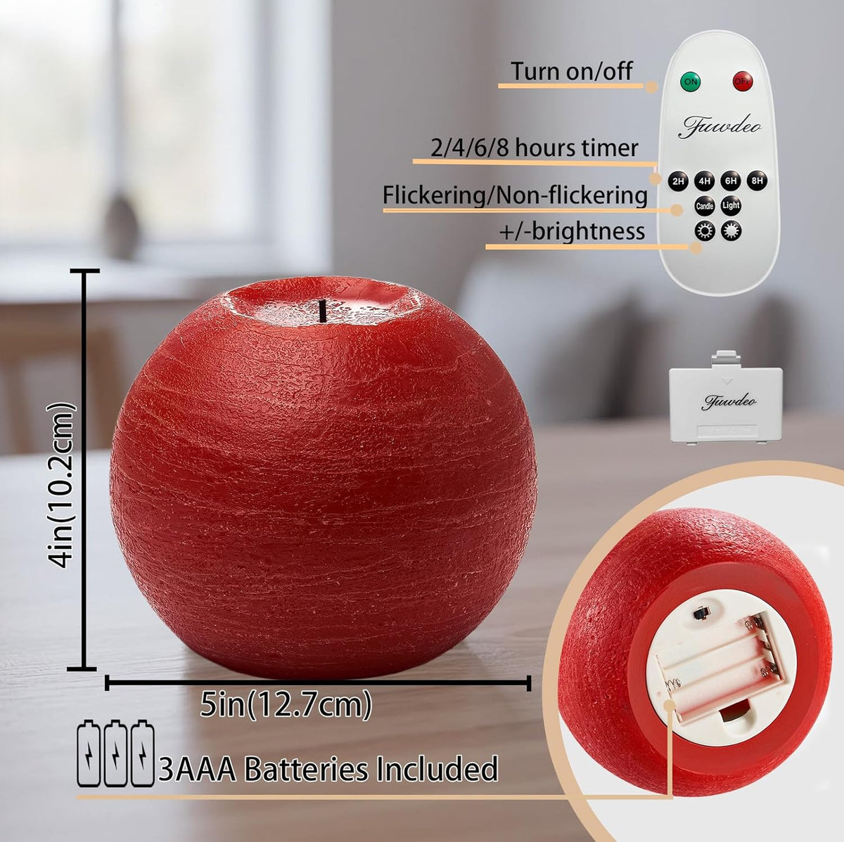 Red 4" Flameless Ball Candles with Remote and Timer - Pack of 2 Real Wax LED Battery Operated Flickering Spherical Red Candles for Christmas Gift, Wedding, Holiday & Home Decor