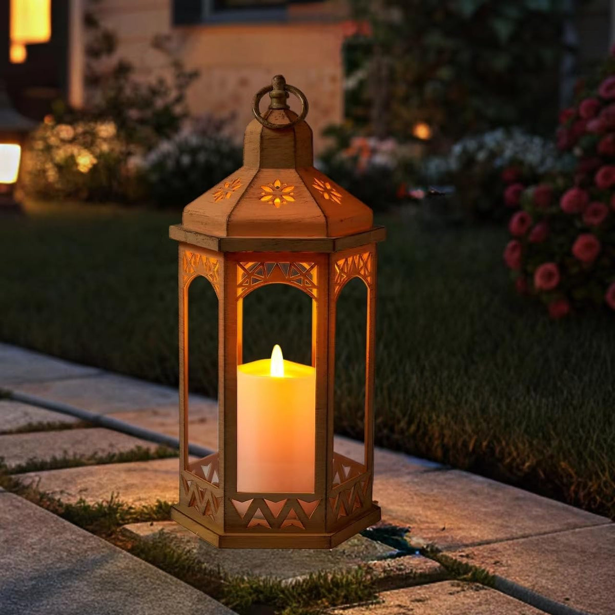 Beige 15" H Vintage Lantern Outdoor Lighting with Glass, Vintage Hanging Candle Holders for Garden, Wedding, and Home Decorations. Battery Powered