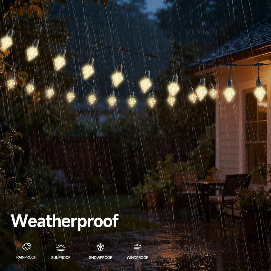 15FT Solar Outdoor Diamond String Lights - Waterproof Shatterproof LED Geometric Patio Lights with USB Port, 8 Modes Hanging Bistro Lights for Camping, Backyard & Balcony (Warm White)