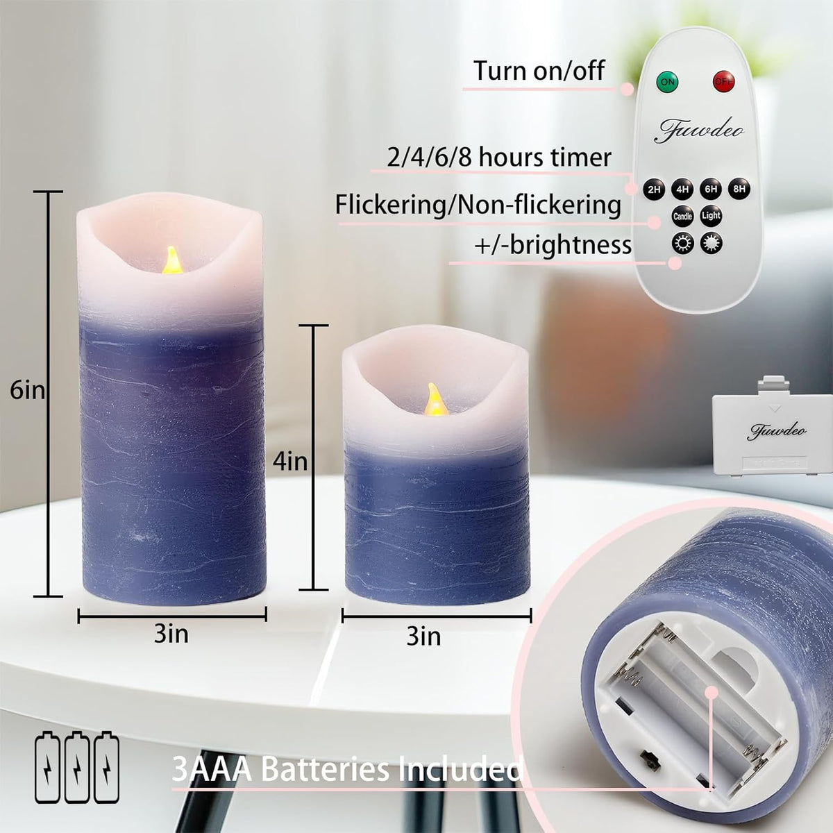 Blue Flameless Candles with Remote and Timer, 4 Pack Real Wax LED Pillar Candles Battery Operated with Flickering Flame,Flickering LED Candles for Christmas Gift Party Home Decor