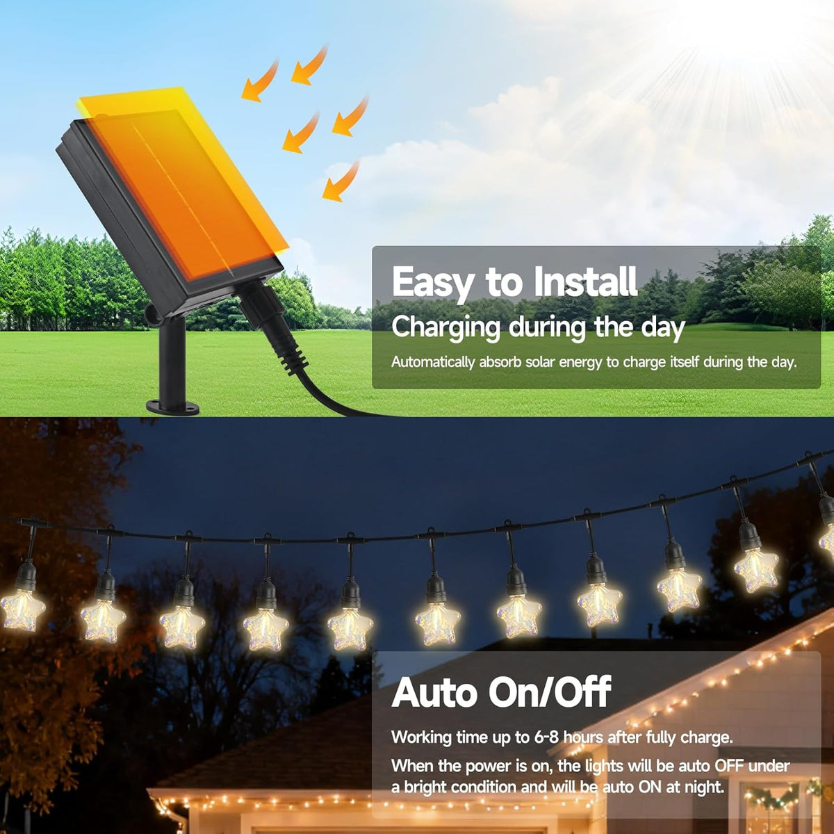 15FT Solar Outdoor Star String Lights - Waterproof Shatterproof LED Patio Lights with USB Charging Port, 8 Modes Hanging Fairy Lights for Camping, Kids Bedroom, Canopy & Garden (Warm White)