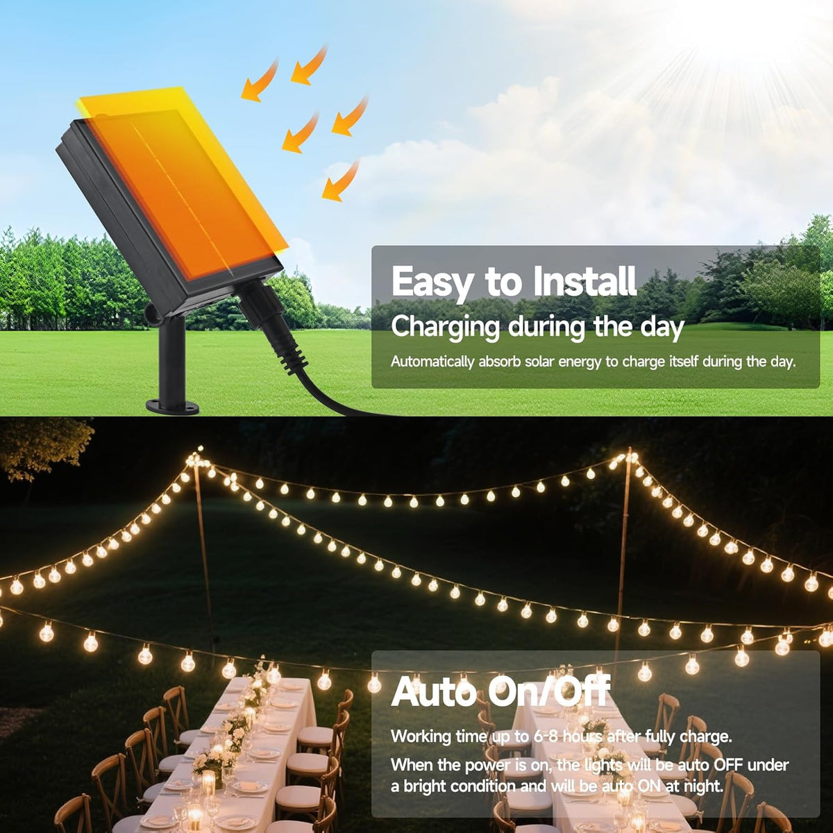 Solar Outdoor String Lights, 15FT 10 LED Waterproof Shatterproof Globe Patio Lights, Dual Solar & USB Charging Fairy Lights with 8 Modes, Auto On/Off for Camping, Backyard, Party, Garden