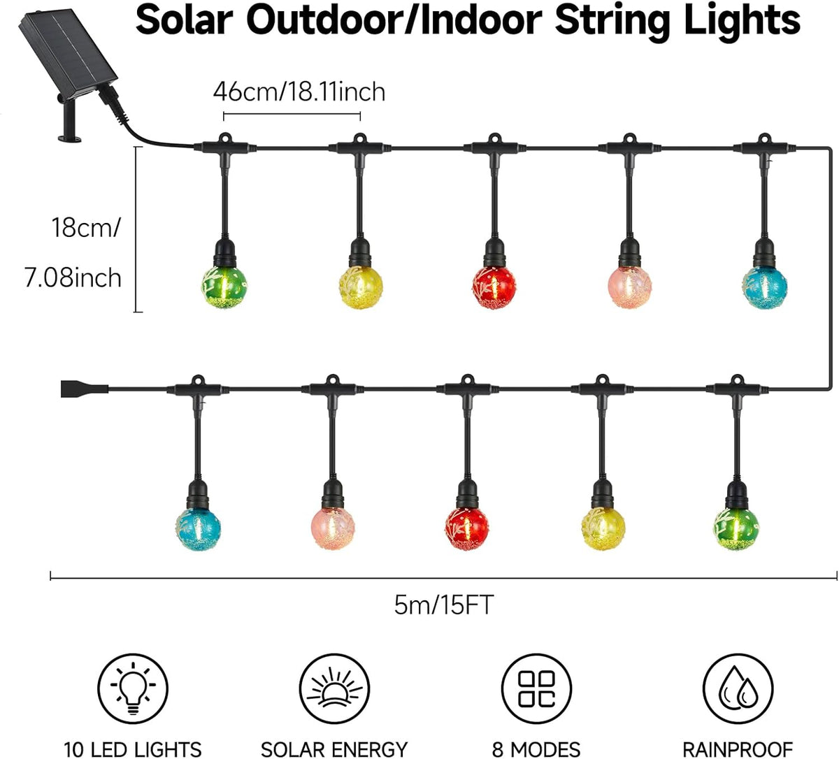 15FT Solar Outdoor Christmas Tree String Lights - Waterproof Shatterproof LED Patio Lights with USB Port, 8 Modes Hanging Fairy Lights for Holiday, Camping & Garden (Warm White)