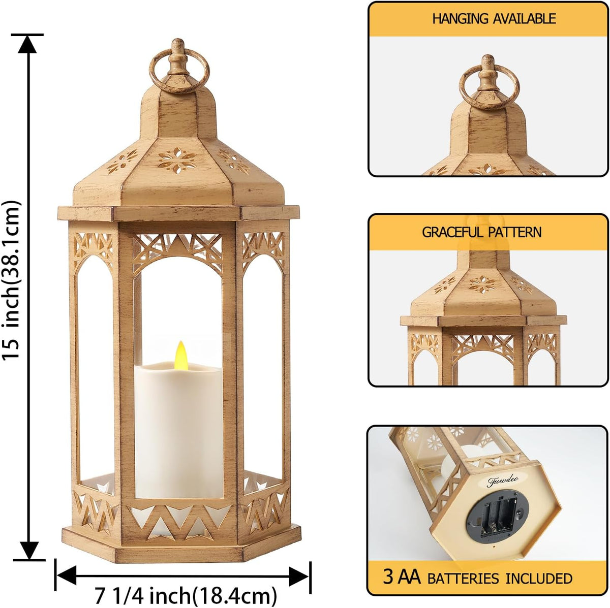 Beige 15" H Vintage Lantern Outdoor Lighting with Glass, Vintage Hanging Candle Holders for Garden, Wedding, and Home Decorations. Battery Powered