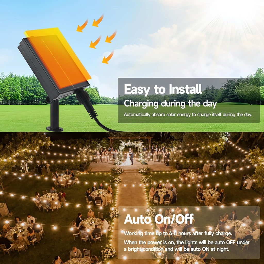15FT Solar Outdoor String Lights - Waterproof Shatterproof LED Patio Lights with USB Charging Port, 8 Modes Hanging Bistro Lights for Camping, Backyard, Balcony & Garden (Warm White)