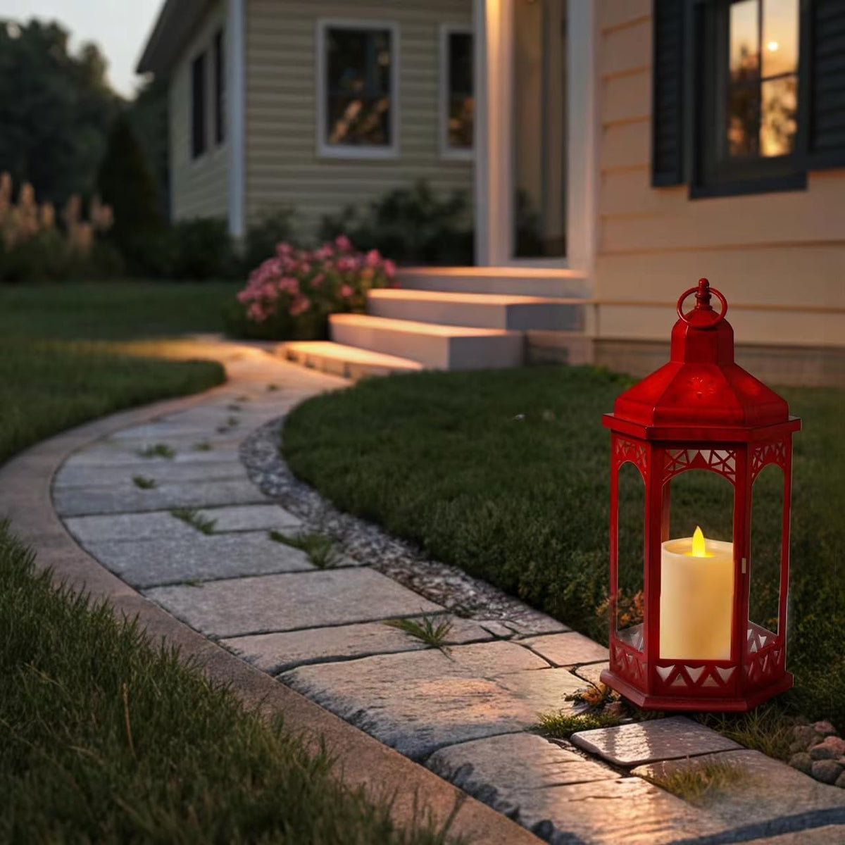 Red 15" Vintage Decorative Hexagon Lantern with Flameless LED Candle - Heavy Duty Hanging Candle Holder with Real Glass, Battery Operated Tabletop Light for Patio, Garden, Wedding & Home Decor