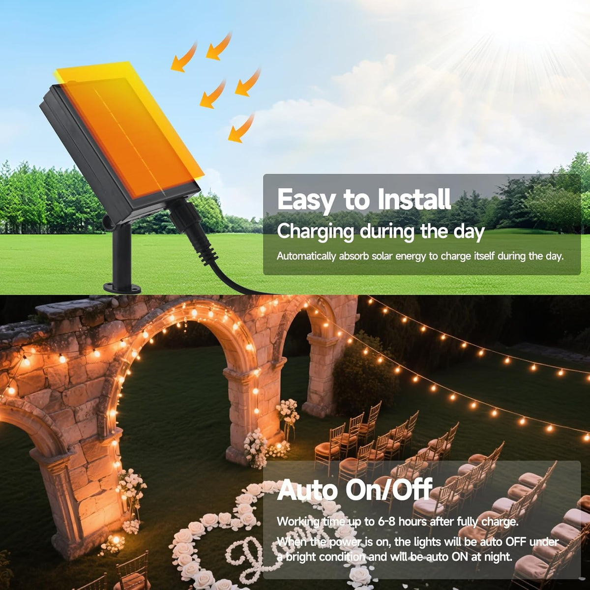 15FT Solar Outdoor Fancy String Lights - Waterproof Shatterproof Ornate LED Patio Lights with USB Port, 8 Modes Hanging Vintage Bistro Lights for Camping, Backyard & Balcony (Warm White)