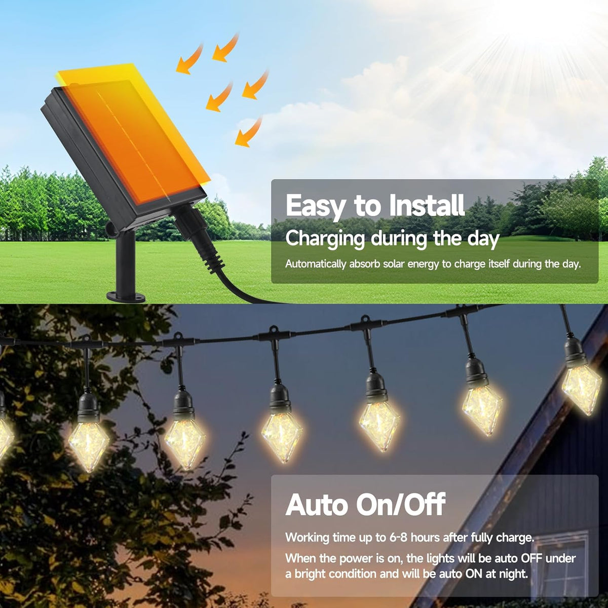 15FT Solar Outdoor Diamond String Lights - Waterproof Shatterproof LED Geometric Patio Lights with USB Port, 8 Modes Hanging Bistro Lights for Camping, Backyard & Balcony (Warm White)