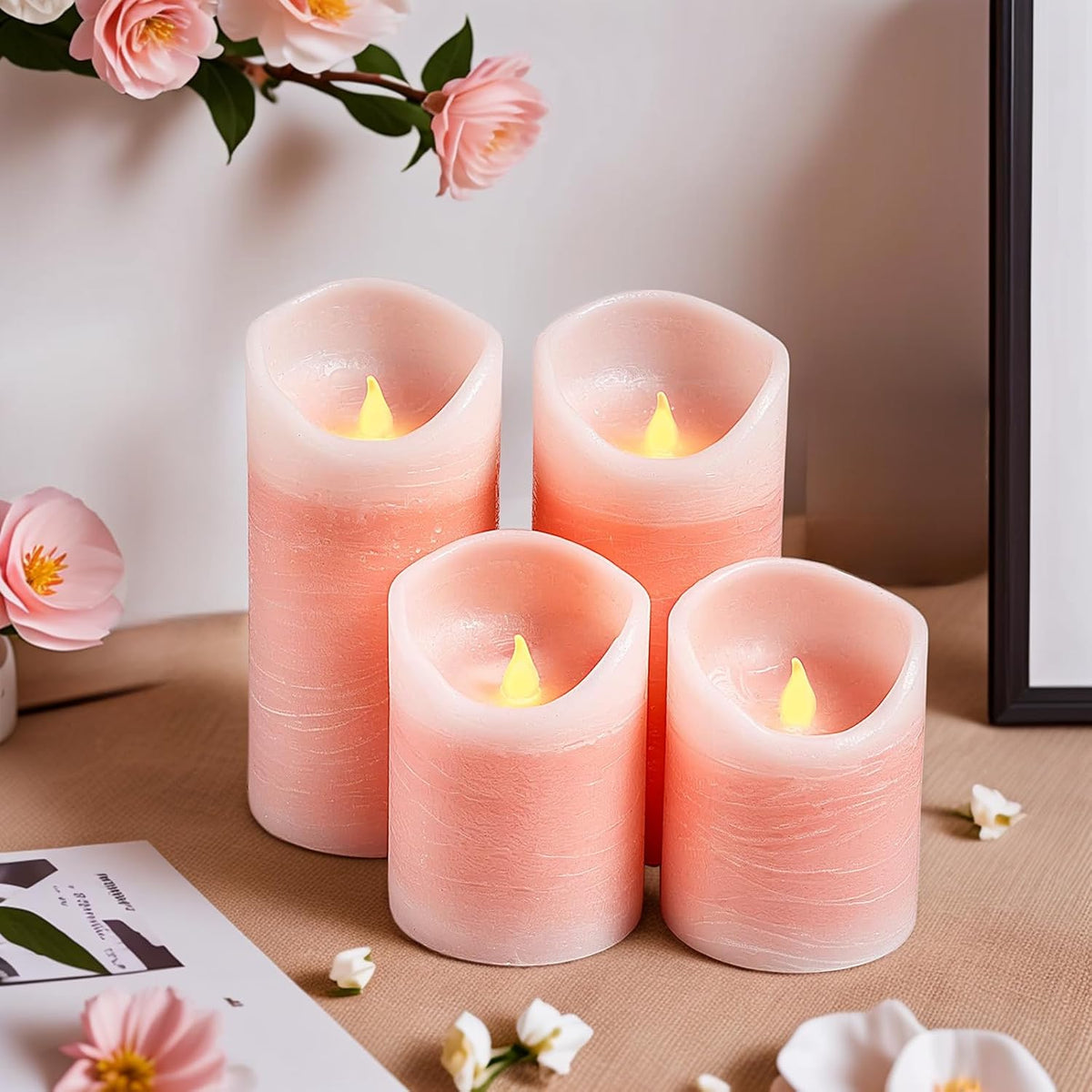 Pink Flameless Candles with Remote and Timer - Pack of 4 Real Wax LED Battery Operated Flickering Pink Candle Pillars for Valentine's Day, Wedding, Holiday & Home Decor