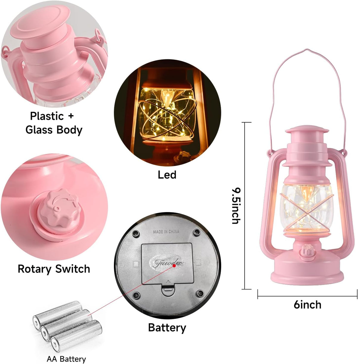 Pink 9.5" Vintage Decorative Lanterns with Fairy Lights - Pack of 2 Battery Operated Hanging LED Lanterns with Timer, Waterproof Tabletop Light for Camping, Garden, Bedroom & Patio