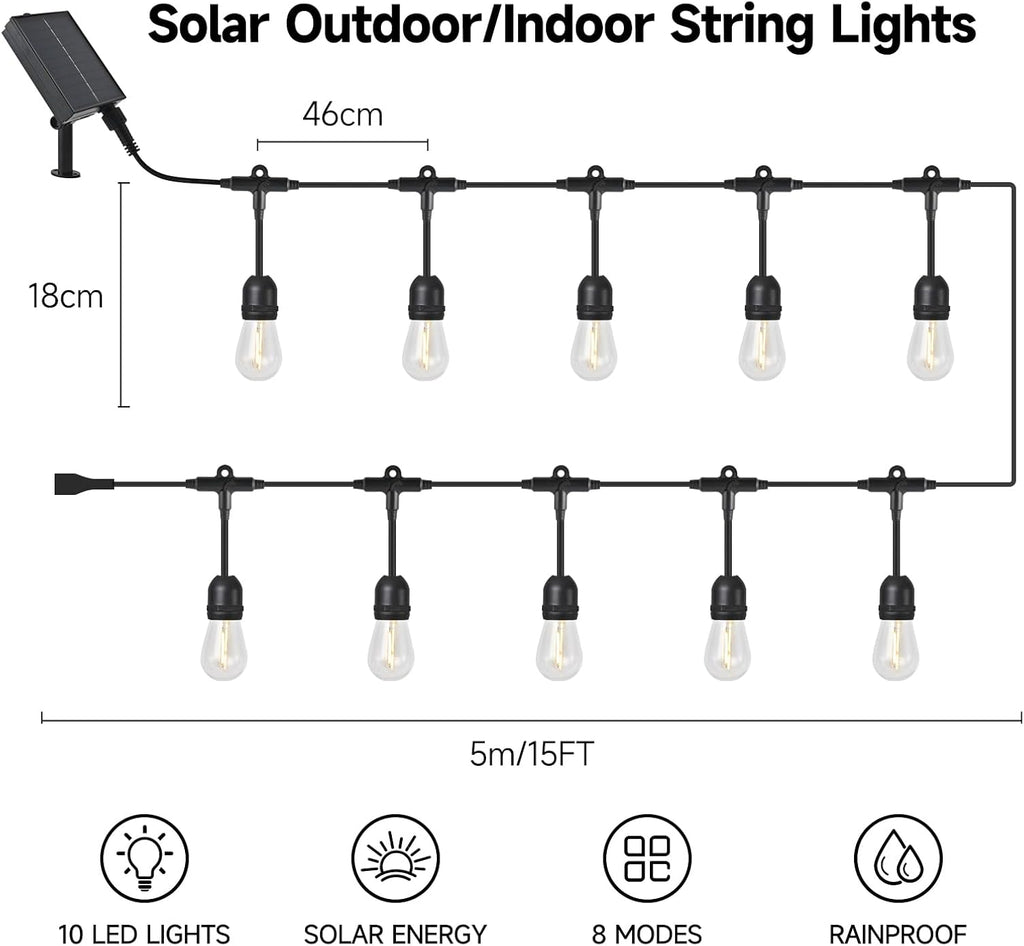 15FT Solar Outdoor String Lights - Waterproof Shatterproof LED Patio Lights with USB Charging Port, 8 Modes Hanging Bistro Lights for Camping, Backyard, Balcony & Garden (Warm White)