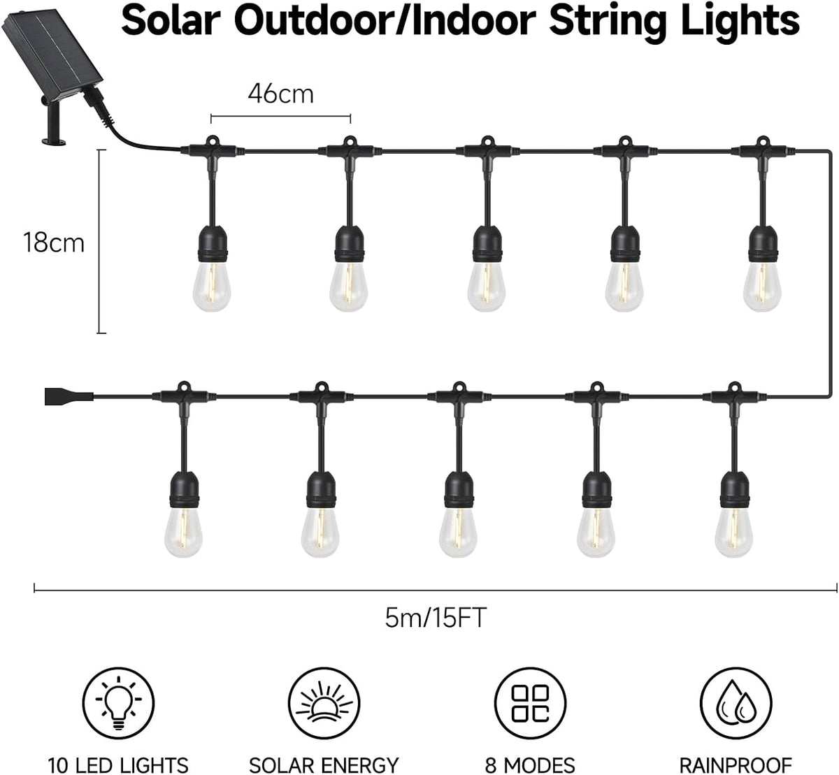 15FT Solar Outdoor String Lights - Waterproof Shatterproof LED Patio Lights with USB Charging Port, 8 Modes Hanging Bistro Lights for Camping, Backyard, Balcony & Garden (Warm White)
