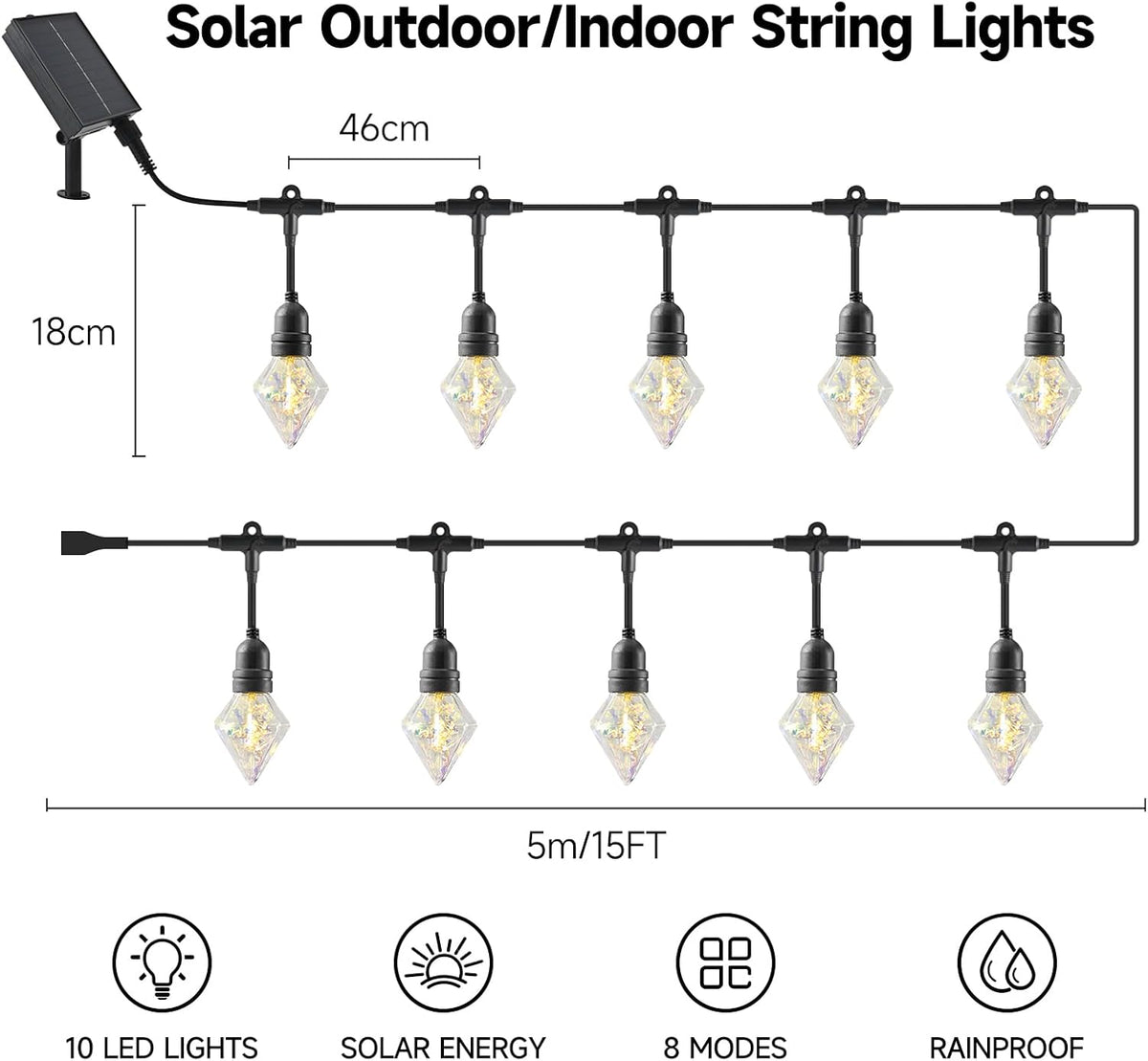 15FT Solar Outdoor Diamond String Lights - Waterproof Shatterproof LED Geometric Patio Lights with USB Port, 8 Modes Hanging Bistro Lights for Camping, Backyard & Balcony (Warm White)