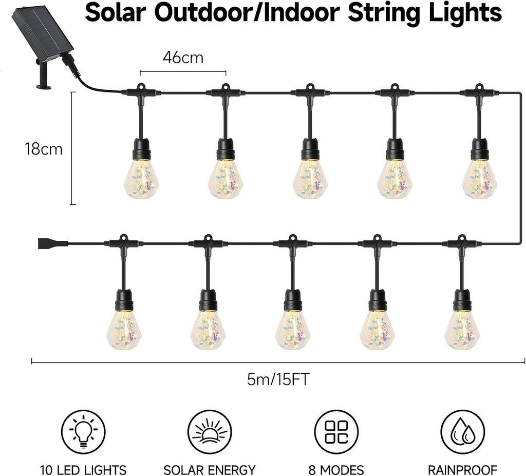 15FT Solar Outdoor Polygon String Lights - Waterproof Shatterproof LED Geometric Patio Lights with USB Port, 8 Modes Hanging Bistro Lights for Camping, Backyard & Balcony (Warm White)