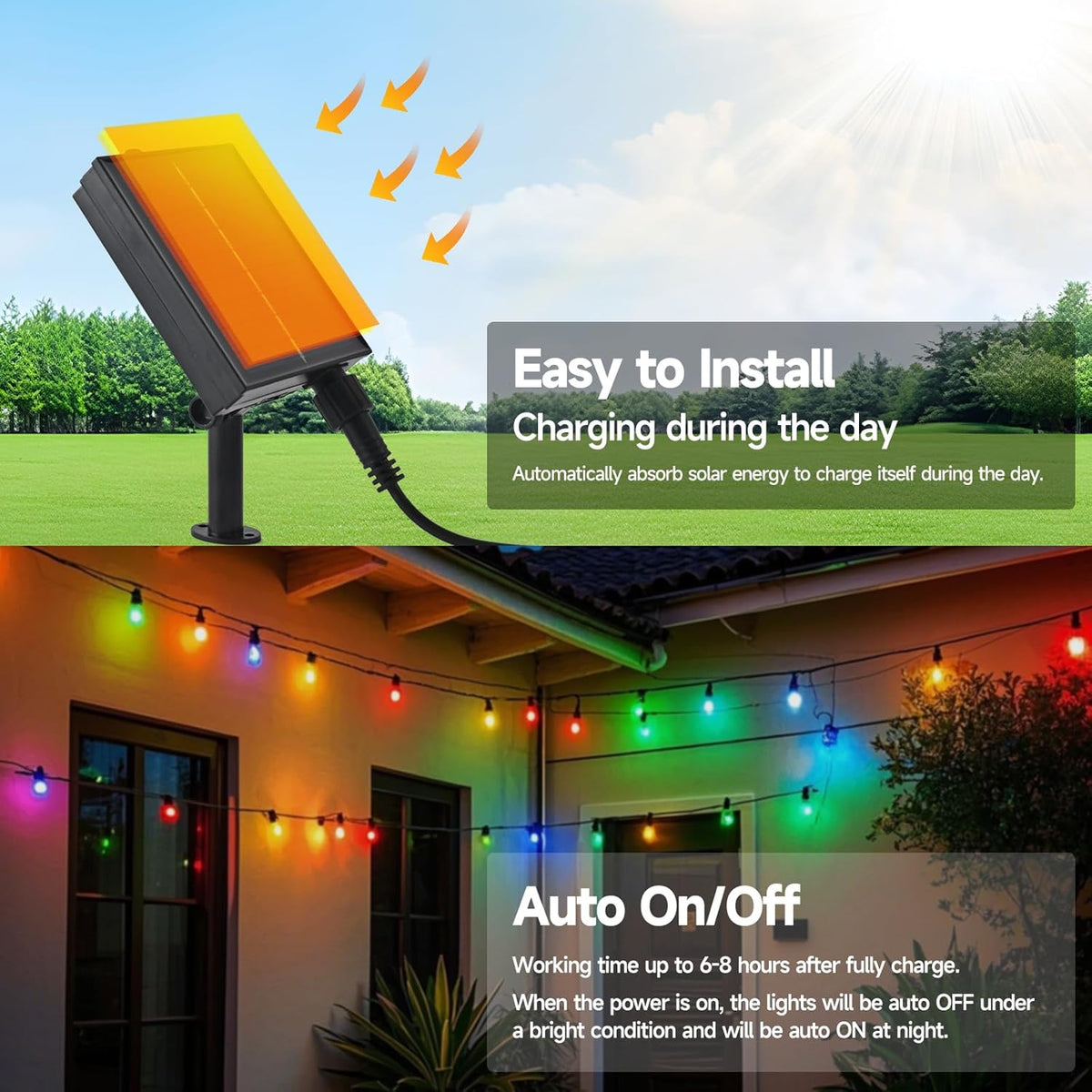 15FT Solar Outdoor Christmas Tree String Lights - Waterproof Shatterproof LED Patio Lights with USB Port, 8 Modes Hanging Fairy Lights for Holiday, Camping & Garden (Warm White)