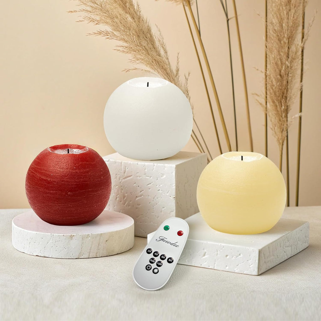 Red 4" Flameless Ball Candles with Remote and Timer - Pack of 2 Real Wax LED Battery Operated Flickering Spherical Red Candles for Christmas Gift, Wedding, Holiday & Home Decor