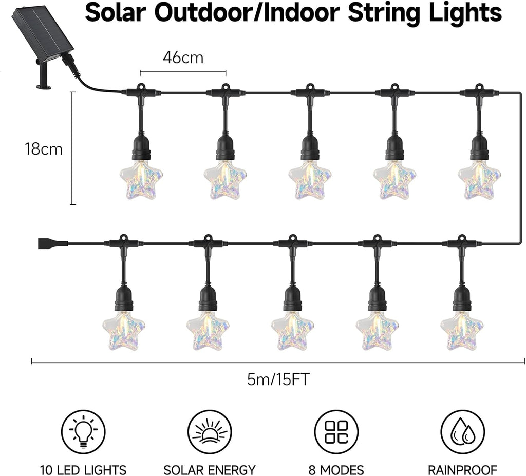 15FT Solar Outdoor Star String Lights - Waterproof Shatterproof LED Patio Lights with USB Charging Port, 8 Modes Hanging Fairy Lights for Camping, Kids Bedroom, Canopy & Garden (Warm White)