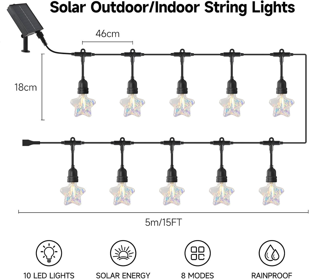15FT Solar Outdoor Star String Lights - Waterproof Shatterproof LED Patio Lights with USB Charging Port, 8 Modes Hanging Fairy Lights for Camping, Kids Bedroom, Canopy & Garden (Warm White)