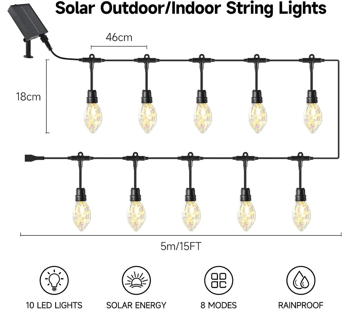 15FT Solar Outdoor Star Fruit String Lights - Waterproof Shatterproof LED Tropical Patio Lights with USB Port, 8 Modes Hanging Bistro Lights for Camping, Backyard & Garden (Warm White)