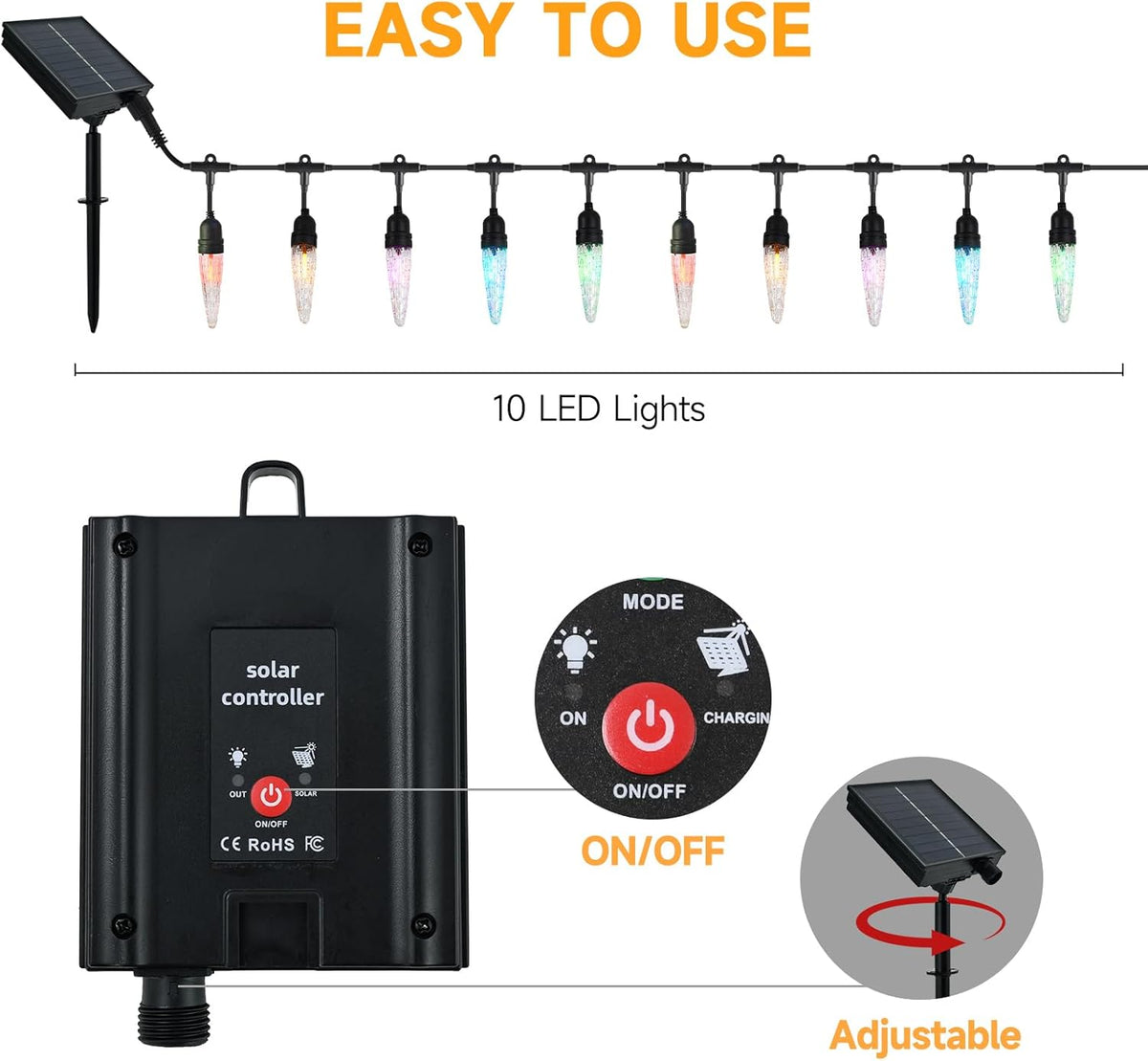 15FT Solar Outdoor String Lights - Waterproof Shatterproof LED Patio Lights with USB Charging Port, 8 Modes Hanging Bistro Lights for Camping, Backyard, Balcony & Garden Decor